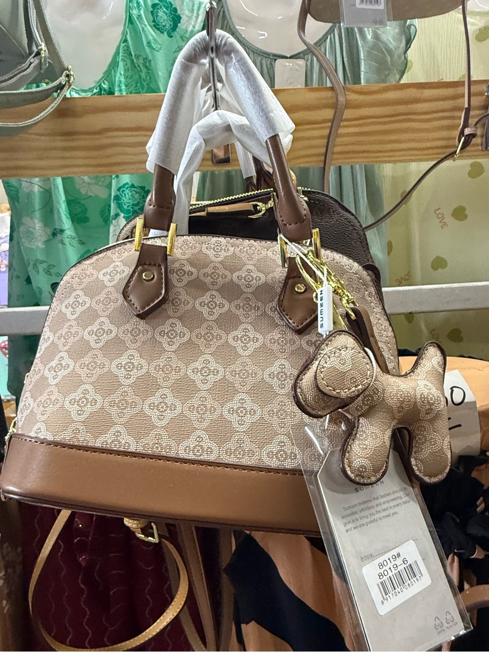 Women’s Brown Patterned Dome Satchel Handbag with Charm